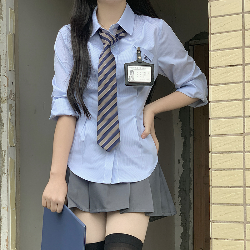 Cinch Waist White and Blue JK Uniform Shirt for Women - Pudding Bear Inspired Niche Top for Spring and Autumn Fashion Cinch Waist White and Blue JK Uniform Shirt for Women - Pudding Bear Inspired Niche Top for Spring and Autumn Fashion