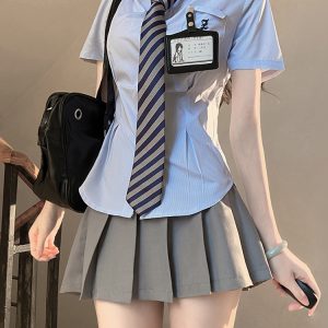 Cinch Waist White and Blue JK Uniform Shirt for Women - Pudding Bear Inspired Niche Top for Spring and Autumn Fashion