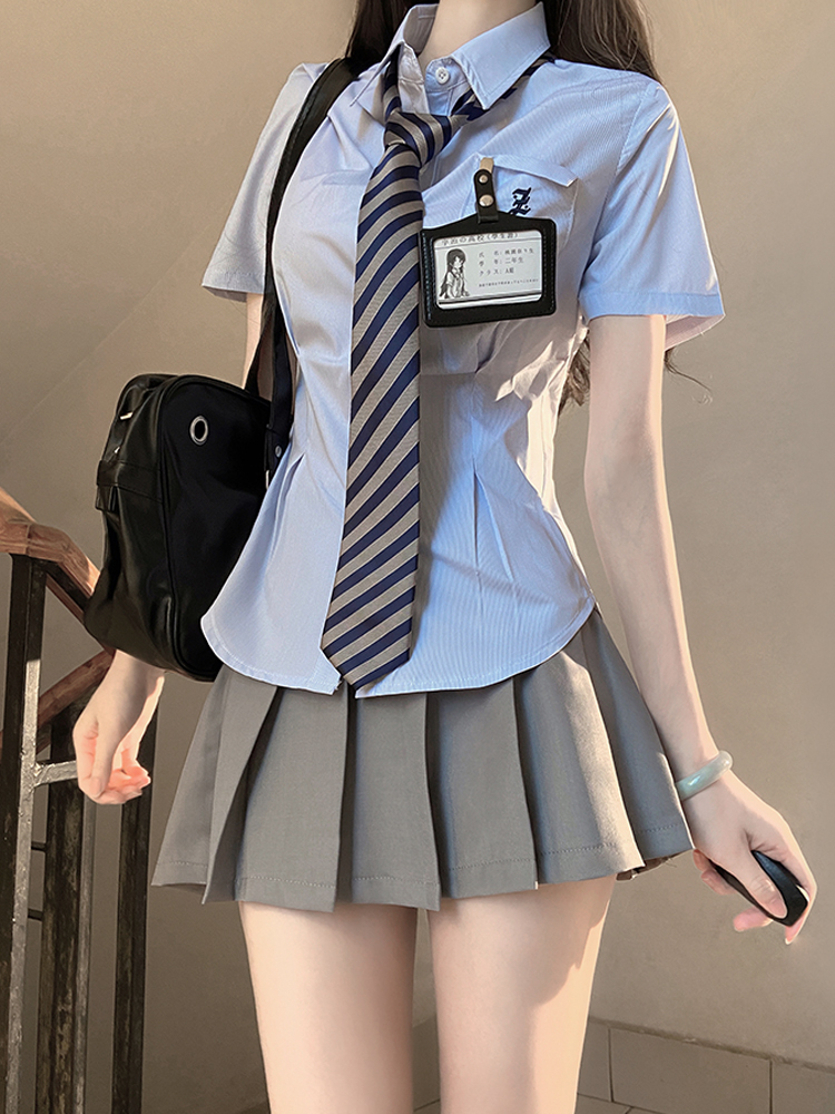 Cinch Waist White and Blue JK Uniform Shirt for Women - Pudding Bear Inspired Niche Top for Spring and Autumn Fashion Cinch Waist White and Blue JK Uniform Shirt for Women - Pudding Bear Inspired Niche Top for Spring and Autumn Fashion