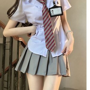 Cinch Waist White and Blue JK Uniform Shirt for Women - Pudding Bear Inspired Niche Top for Spring and Autumn Fashion
