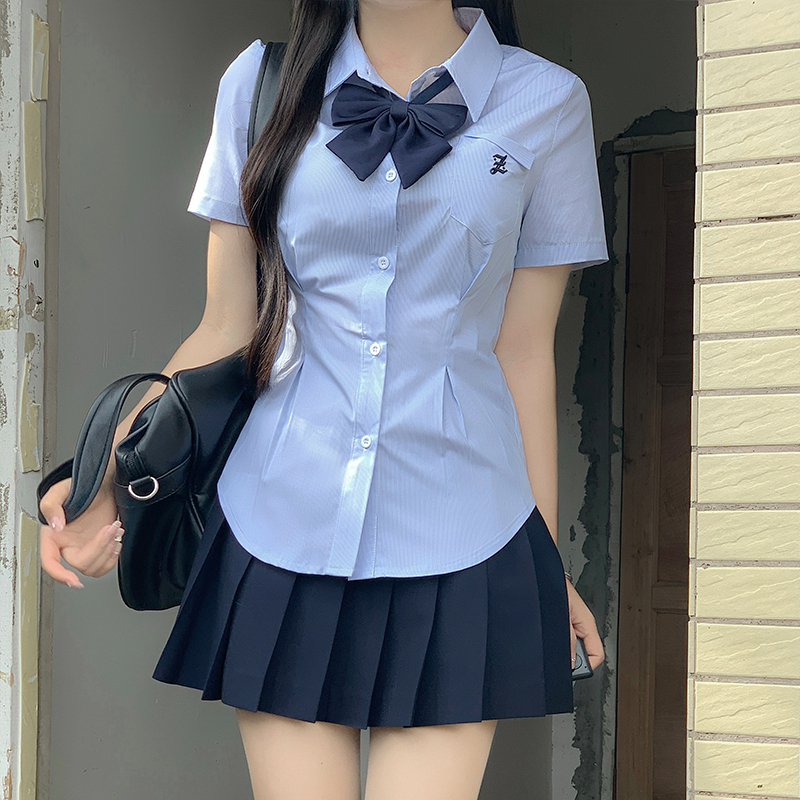 Cinch Waist White and Blue JK Uniform Shirt for Women - Pudding Bear Inspired Niche Top for Spring and Autumn Fashion Cinch Waist White and Blue JK Uniform Shirt for Women - Pudding Bear Inspired Niche Top for Spring and Autumn Fashion