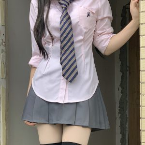 Cinch Waist White and Blue JK Uniform Shirt for Women - Pudding Bear Inspired Niche Top for Spring and Autumn Fashion