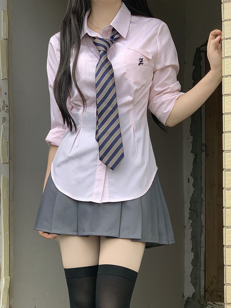 Cinch Waist White and Blue JK Uniform Shirt for Women - Pudding Bear Inspired Niche Top for Spring and Autumn Fashion Cinch Waist White and Blue JK Uniform Shirt for Women - Pudding Bear Inspired Niche Top for Spring and Autumn Fashion