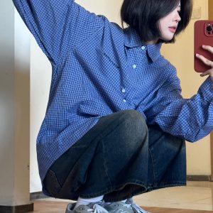 Classic Blue Check Long-Sleeve Shirt for Men - Flattering Fit, Loose Casual Style, Perfect for Couples, 90s Inspired Fashion