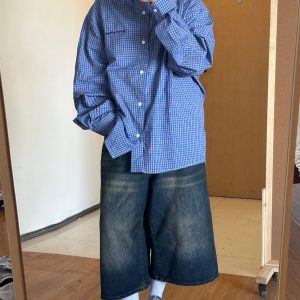 Classic Blue Check Long-Sleeve Shirt for Men - Flattering Fit, Loose Casual Style, Perfect for Couples, 90s Inspired Fashion