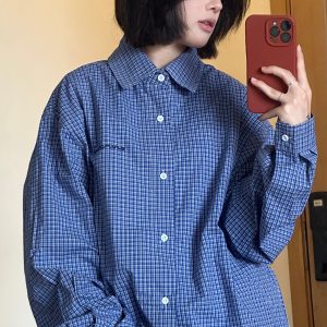 Classic Blue Check Long-Sleeve Shirt for Men - Flattering Fit, Loose Casual Style, Perfect for Couples, 90s Inspired Fashion