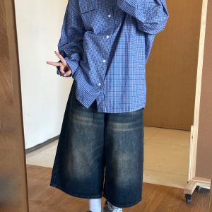 Classic Blue Check Long-Sleeve Shirt for Men - Flattering Fit, Loose Casual Style, Perfect for Couples, 90s Inspired Fashion