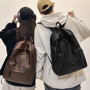 Classic Retro Unisex Soft Leather Backpack - Waterproof Solid Color Laptop Bag for Students and Daily Use