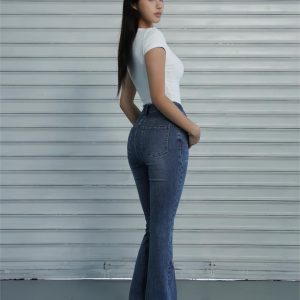 Classic Washed High-Waisted Flared Jeans for Women - Vintage 90s Style, Trendy Casual Denim Trousers