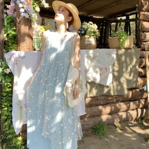 Cloud Flower Butterfly Retro Sheer Mesh Cover Dress - Women's Summer Loose A-Line Long Dress in Vintage Style
