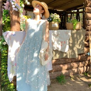 Cloud Flower Butterfly Retro Sheer Mesh Cover Dress - Women's Summer Loose A-Line Long Dress in Vintage Style