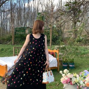 Cloud Flower Butterfly Retro Sheer Mesh Cover Dress - Women's Summer Loose A-Line Long Dress in Vintage Style