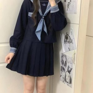 Cloud Sailor Girl High School JK Uniform Outfit Set - Camellia Print Long & Short Sleeve Top, Classic Sailor Style