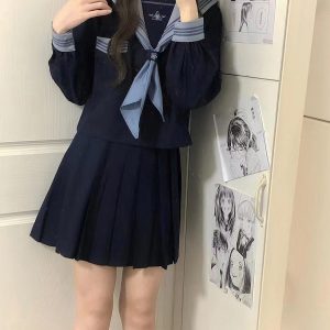 Cloud Sailor Girl High School JK Uniform Outfit Set - Camellia Print Long & Short Sleeve Top, Classic Sailor Style