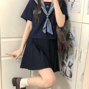 Cloud Sailor Girl High School JK Uniform Outfit Set - Camellia Print Long & Short Sleeve Top, Classic Sailor Style