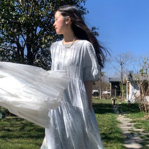 Cloudy Blue Sky Vintage Floral Cotton Blend Dress for Women - Summer Hollow Lace A-Line Long Skirt, Perfect for 90s and Y2K Style