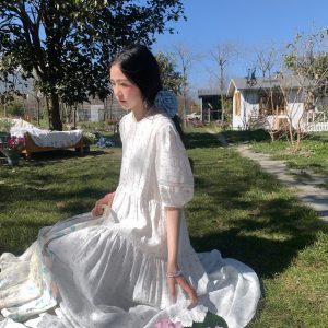 Cloudy Blue Sky Vintage Floral Cotton Blend Dress for Women - Summer Hollow Lace A-Line Long Skirt, Perfect for 90s and Y2K Style