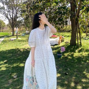Cloudy Blue Sky Vintage Floral Cotton Blend Dress for Women - Summer Hollow Lace A-Line Long Skirt, Perfect for 90s and Y2K Style