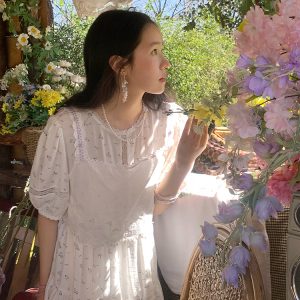 Cloudy Blue Sky Vintage Floral Cotton Blend Dress for Women - Summer Hollow Lace A-Line Long Skirt, Perfect for 90s and Y2K Style