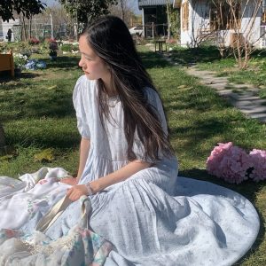 Cloudy Blue Sky Vintage Floral Cotton Blend Dress for Women - Summer Hollow Lace A-Line Long Skirt, Perfect for 90s and Y2K Style