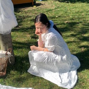 Cloudy Blue Sky Vintage Floral Cotton Blend Dress for Women - Summer Hollow Lace A-Line Long Skirt, Perfect for 90s and Y2K Style