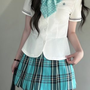 Coastal Pudding Bear JK Uniform Women's Checkered Pleated Half Skirt - Summer School Style, Cute Y2K Fashion