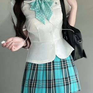 Coastal Pudding Bear JK Uniform Women's Checkered Pleated Half Skirt - Summer School Style, Cute Y2K Fashion