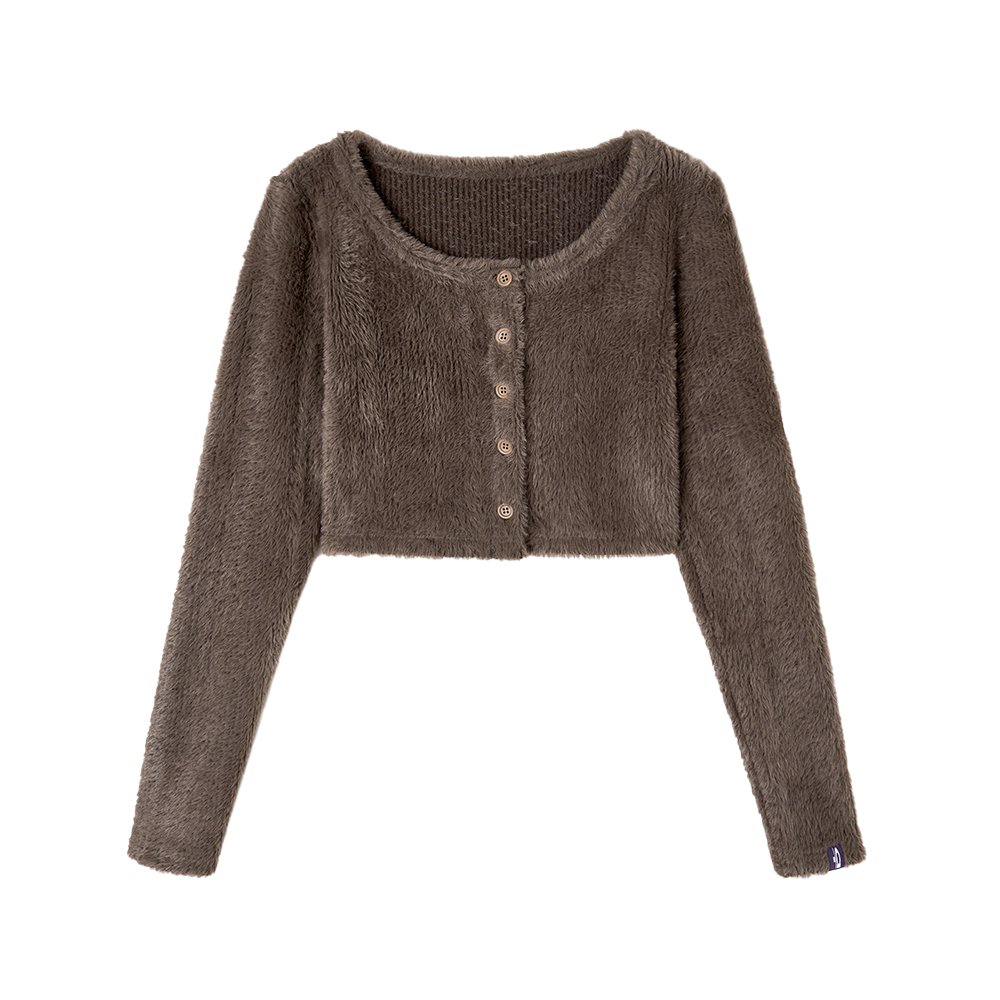 Coffee Color Floral Gray Layered Minimalist Plush Knitted Cardigan for Autumn and Winter
