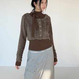 Coffee Color Floral Gray Layered Minimalist Plush Knitted Cardigan for Autumn and Winter