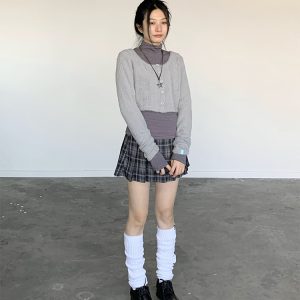 Coffee Color Floral Gray Layered Minimalist Plush Knitted Cardigan for Autumn and Winter