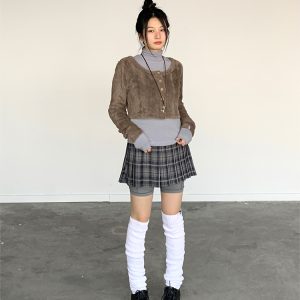 Coffee Color Floral Gray Layered Minimalist Plush Knitted Cardigan for Autumn and Winter