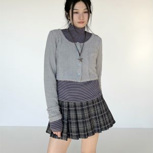 Coffee Color Floral Gray Layered Minimalist Plush Knitted Cardigan for Autumn and Winter