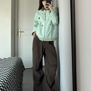 Coffee-Colored Women's Loose Straight-Leg Cargo Pants with Draping - American High Street Casual Floor-Length Style