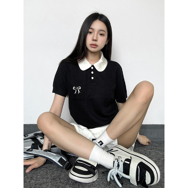 College Style Color-Blocking Short-Sleeve Women's Cropped T-Shirt with Bow Tie and Doll Collar, Slim-Fit, Summer Fashion