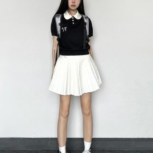 College Style Color-Blocking Short-Sleeve Women's Cropped T-Shirt with Bow Tie and Doll Collar, Slim-Fit, Summer Fashion