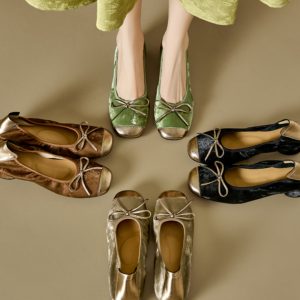 Color-Block Bow Mid-Heel Chunky Open-Toe Flats for Women - Genuine Leather Summer Soft Sole Egg Roll Shoes