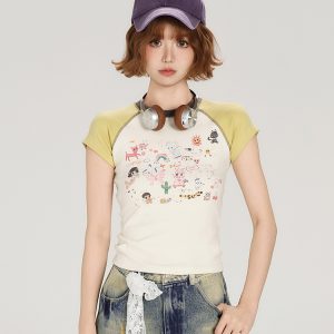 Color-Block Cartoon Illustration Short Sleeve T-Shirt for Women - Retro 90s Slim-Fit Summer Top