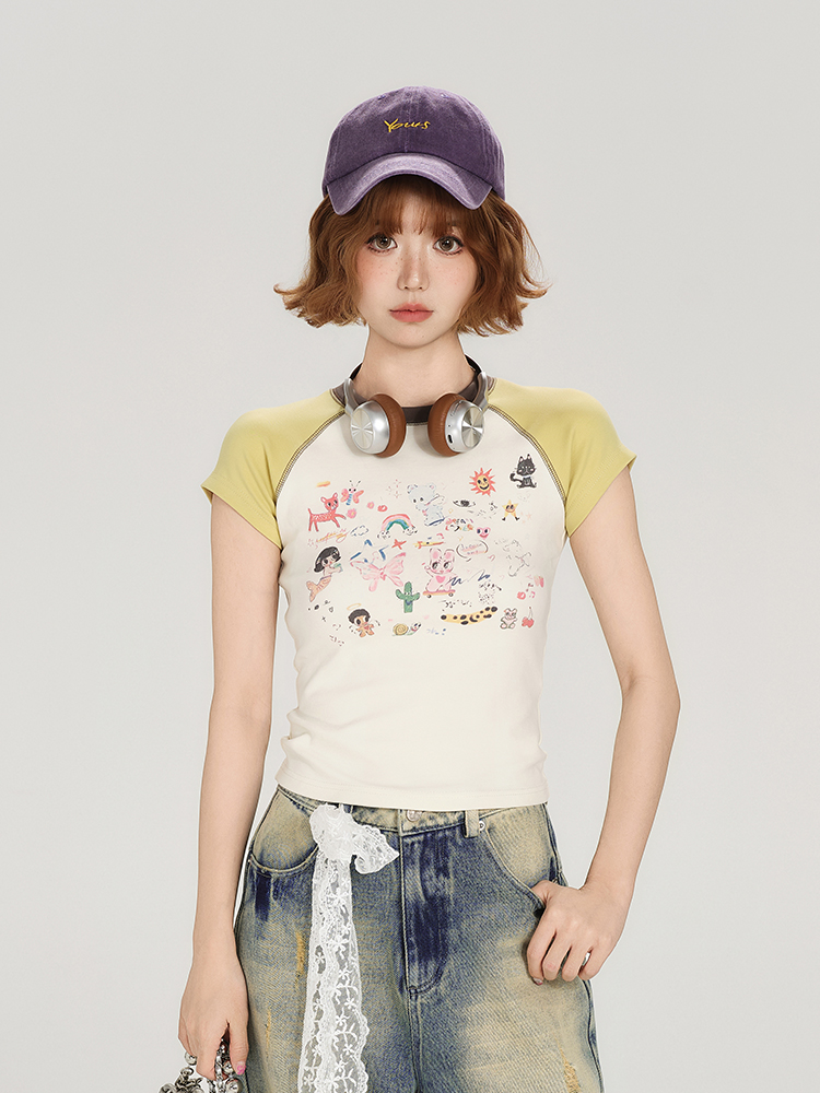 Color-Block Cartoon Illustration Short Sleeve T-Shirt for Women - Retro 90s Slim-Fit Summer Top Color-Block Cartoon Illustration Short Sleeve T-Shirt for Women - Retro 90s Slim-Fit Summer Top