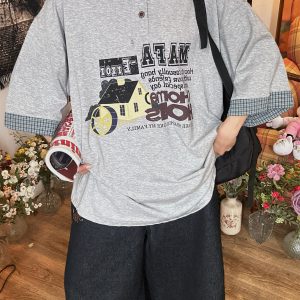 Color Block Cartoon Short Sleeve Shirt - Handmade American Retro Fake Two-Piece Polo Top for Women - Summer Fashion Casual Wear