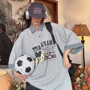 Color Block Cartoon Short Sleeve Shirt - Handmade American Retro Fake Two-Piece Polo Top for Women - Summer Fashion Casual Wear