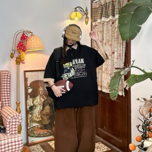 Color Block Cartoon Short Sleeve Shirt - Handmade American Retro Fake Two-Piece Polo Top for Women - Summer Fashion Casual Wear