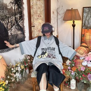 Color Block Cartoon Short Sleeve Shirt - Handmade American Retro Fake Two-Piece Polo Top for Women - Summer Fashion Casual Wear