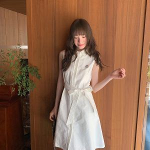 Color-Block Embroidered Sleeveless Shirt Dress for Women - Summer A-Line Waist-Cinching Style, Trendy French Design