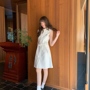 Color-Block Embroidered Sleeveless Shirt Dress for Women - Summer A-Line Waist-Cinching Style, Trendy French Design