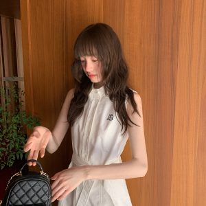 Color-Block Embroidered Sleeveless Shirt Dress for Women - Summer A-Line Waist-Cinching Style, Trendy French Design