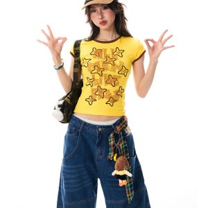 Color Block Graffiti Short Sleeve T-Shirt for Women - Summer Casual Versatile Top, Y2K Aesthetic