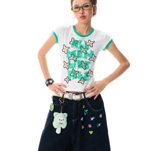 Color Block Graffiti Short Sleeve T-Shirt for Women - Summer Casual Versatile Top, Y2K Aesthetic