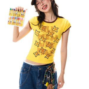 Color Block Graffiti Short Sleeve T-Shirt for Women - Summer Casual Versatile Top, Y2K Aesthetic