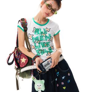 Color Block Graffiti Short Sleeve T-Shirt for Women - Summer Casual Versatile Top, Y2K Aesthetic