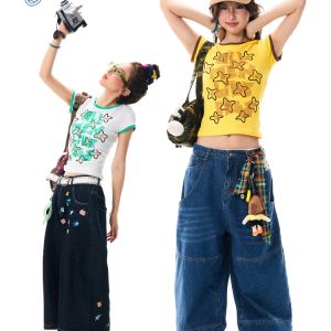 Color Block Graffiti Short Sleeve T-Shirt for Women - Summer Casual Versatile Top, Y2K Aesthetic